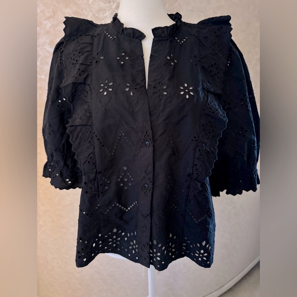 Zara Black Eyelet Ruffled Short Sleeve Blouse